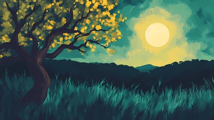 Mystical night field artwork blending pyrography techniques with digital art for enchanting visual effects in a serene landscape.