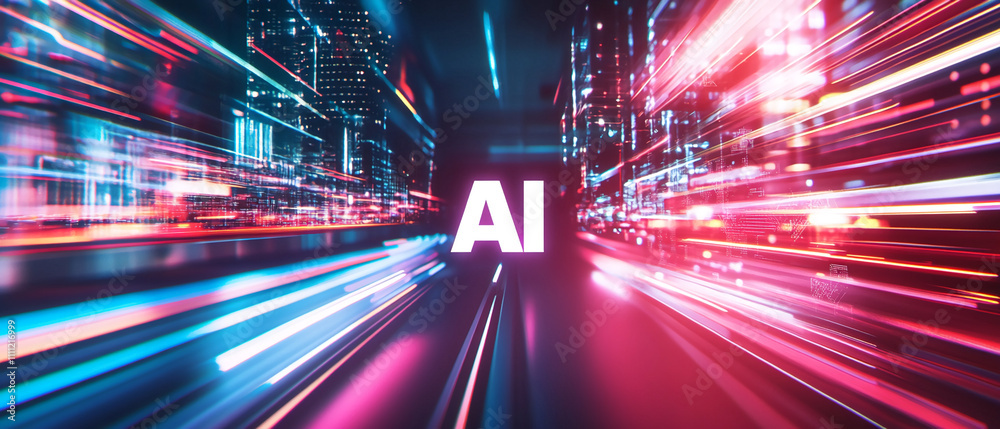 Poster modern technology illuminated by vibrant neon lights in a fast-paced urban setting showcasing artifi