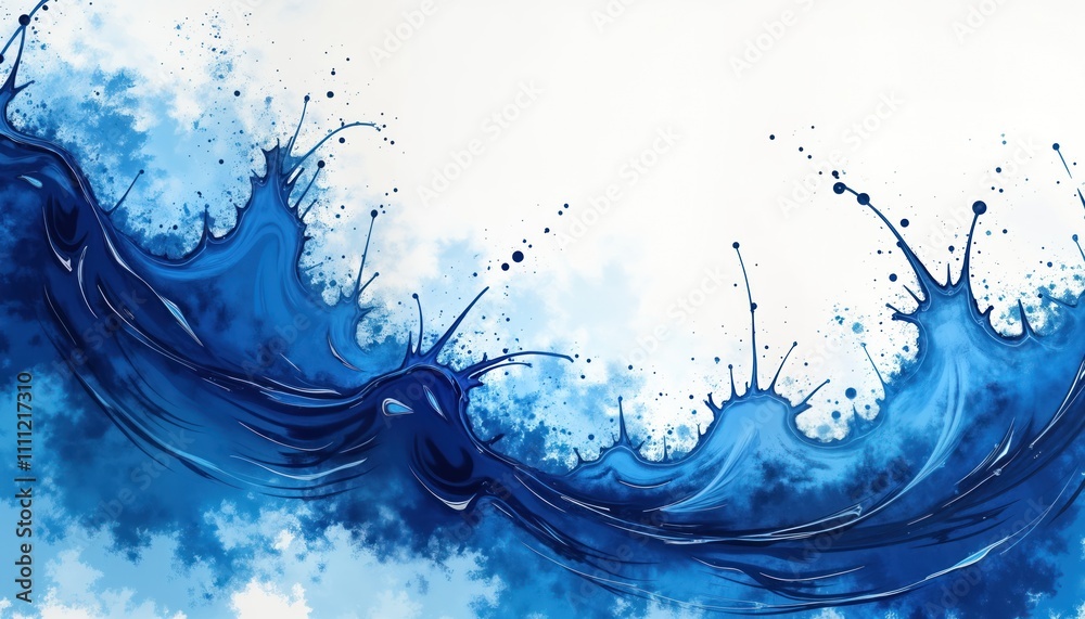 Poster Abstract blue oil paint wave background with splashes. Liquid flowing effect. Dynamic wave motion. Creative artwork. Elegant design for wallpaper banner. Beautiful colors. Modern art style. Stylish