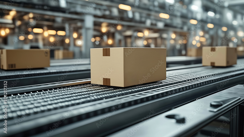 Aufkleber High tech factory conveyor belt carries cardboard box. Modern automated production line transports goods. Efficient logistics, automated workflow. Warehouse automation concept. Boxes move smoothly.