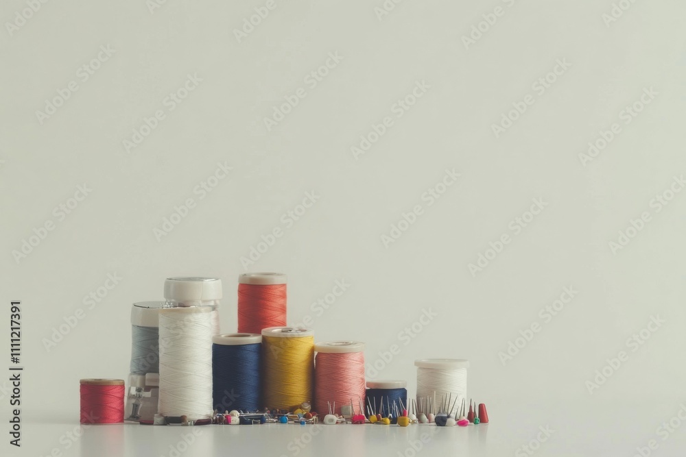 Aufkleber a collection of sewing essentials with vibrant threads, needles, and buttons on a clean white backgr