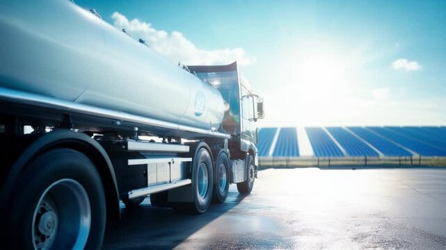 Hydrogen tanker truck near a solar panel farm under a clear blue sky.