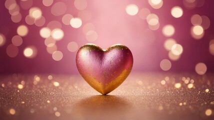 Fototapeta premium Glittery heart ornament hanging by a ribbon, surrounded by soft bokeh hearts on a pink background. Concept of love and romance. Valentines day background