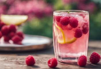 Iced raspberry lemonade in a frosty glass with fresh raspberries and a slice of lemon on a garden ta