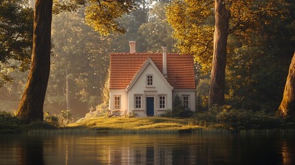 Fototapeta premium Charming cottage nestled in a serene forest beside a tranquil lake at sunrise.