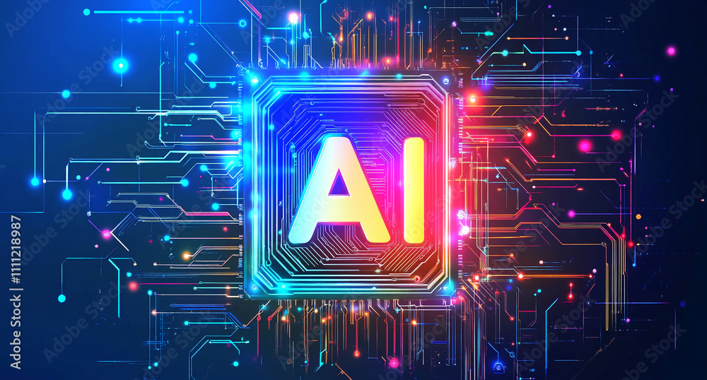 Poster Colorful digital representation of artificial intelligence technology with circuit patterns and vibrant lights