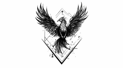 Fototapeta premium Freedom, phoenix bird tattoo sketch on white background. black ink and geometry. mythological animal created with generative ai technology. Phoenix. Illustration