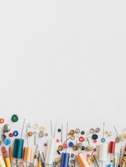 Sewing supplies including colorful threads, needles, and assorted buttons are artfully displayed against a white background for creative use. Generative AI