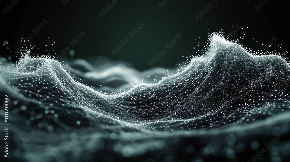 Poster Abstract wave form with network of points, lines. Digital wave illustration. Abstract data visualization. Dynamic tech design. Modern artistic concept. Intricate design. Geometric wave structure.