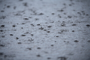 Raindrops background. Rain. Falling raindrops. Water drop splash. Abstract shape out of the water. Raining outside. Water texture.
