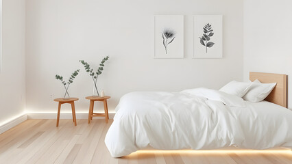 A Scandinavian-inspired bedroom with light wood floors, a white bed with simple