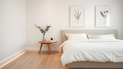Fototapeta premium A Scandinavian-inspired bedroom with light wood floors, a white bed with simple