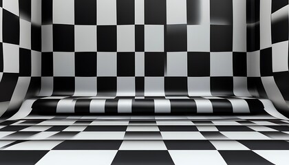 Obraz premium A black and white checkered room with smooth, reflective surfaces creating a modern aesthetic.