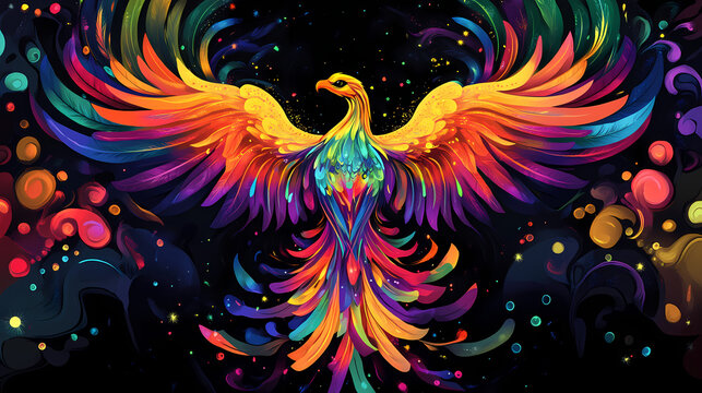 A rainbow phoenix soaring majestically from flames reborn in vibrant colors against a dark hellish backdrop. Phoenix. Illustration