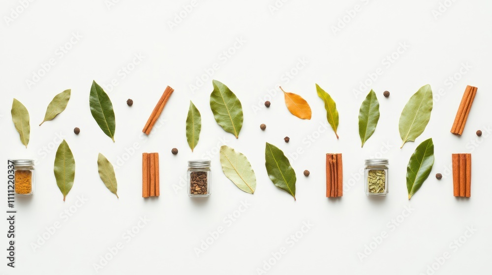 Poster Small jars filled with vibrant spices are arranged with bay leaves and cinnamon sticks, creating an aromatic display with room for text. Generative AI
