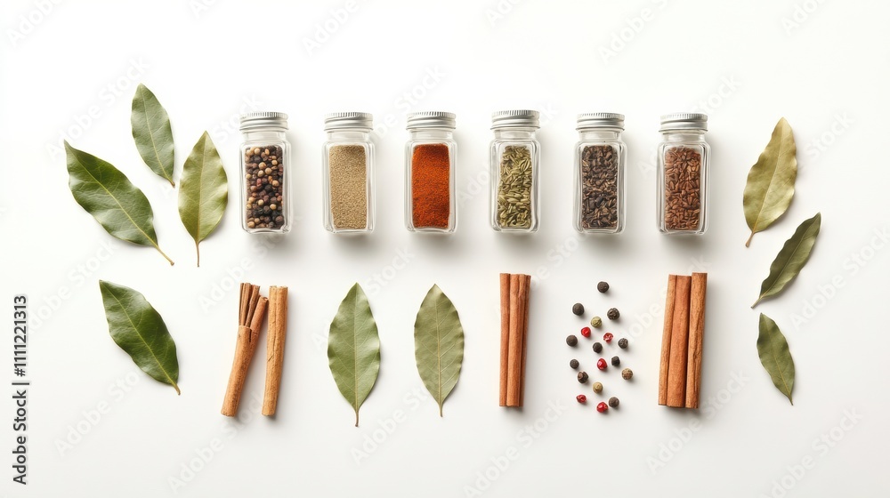 Poster aromatic spices in small jars are displayed alongside fresh bay leaves and cinnamon sticks, creating