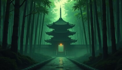 Misty bamboo forest surrounds ancient pagoda. Mysterious light shines from pagoda entrance. Path leads to serene temple. Intense green color palette creates eerie atmosphere. Supernatural scene with