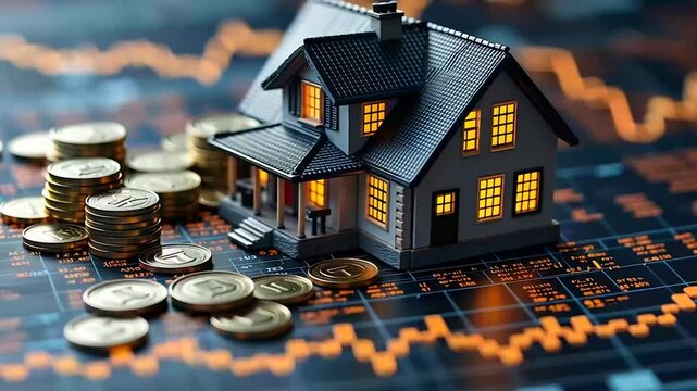 Small house model surrounded by coins with stock market charts in background