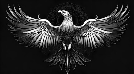 A black and white illustration of a stylized phoenix with its wings spread wide, a symbol of rebirth and renewal. Phoenix. Illustration