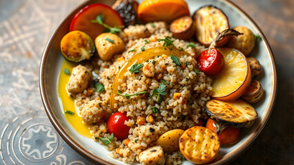 Fototapeta premium Artistic plate of quinoa and roasted vegetables arranged in an elegant design, with
