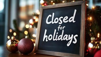 Chalkboard sign 'closed for holidays' with christmas ornaments and lights symbolizes office shutdown for christmas.