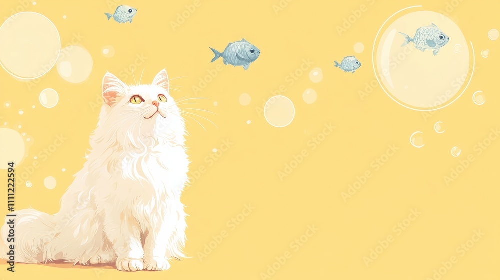 Poster a fluffy white cat gazes upward as colorful fish float in circles around its head, set against a vib