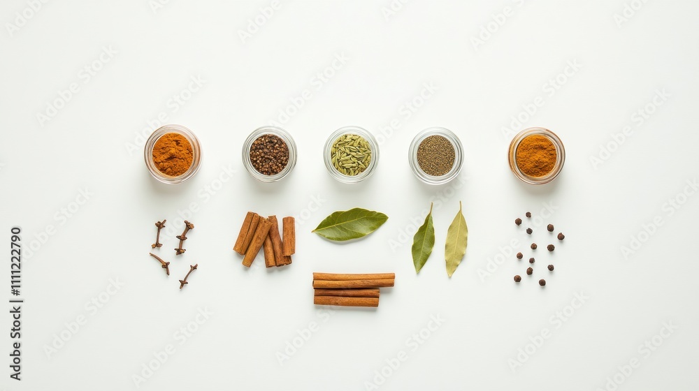 Poster Brightly colored spices in small jars, complemented by bay leaves and cinnamon sticks, offer an aromatic display with ample space for text. Generative AI