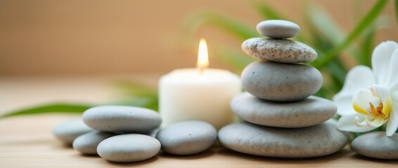 Obraz na płótnie Canvas A serene spa setting featuring zen stones stacked in balance, white orchids, and a lit candle. This calming environment promotes relaxation, peace, and mindfulness, ideal for meditation or spa therapy