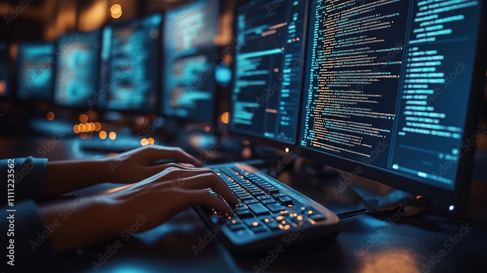 Poster Hands type on keyboard. Person codes on computer. Night time. Focus on person typing. Multiple screens showing code. Tech workplace. Coding session. Software development. Programmers work late at