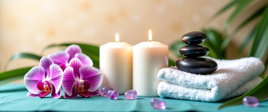 A serene spa scene featuring candles, orchids, and stacked stones, perfect for relaxation and rejuvenation. Evokes calm and tranquility in a peaceful environment, ideal for stress relief and meditatio