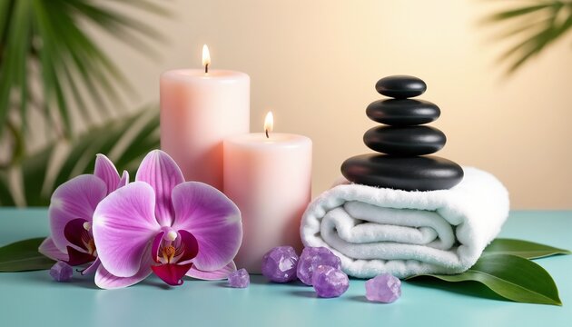 A serene spa scene featuring candles, orchids, and stacked stones, perfect for relaxation and rejuvenation. Evokes calm and tranquility in a peaceful environment, ideal for stress relief and meditatio