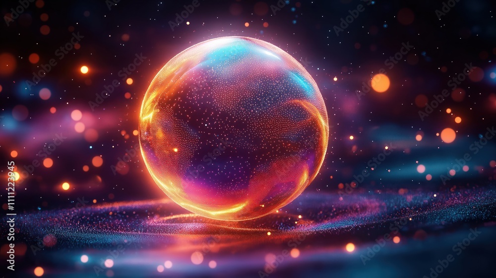 Poster Shimmering neon globe radiates digital tech. Global communication concept. Abstract digital globe global connections. Futuristic design reflects innovation in tech, collaborative networks. Advanced