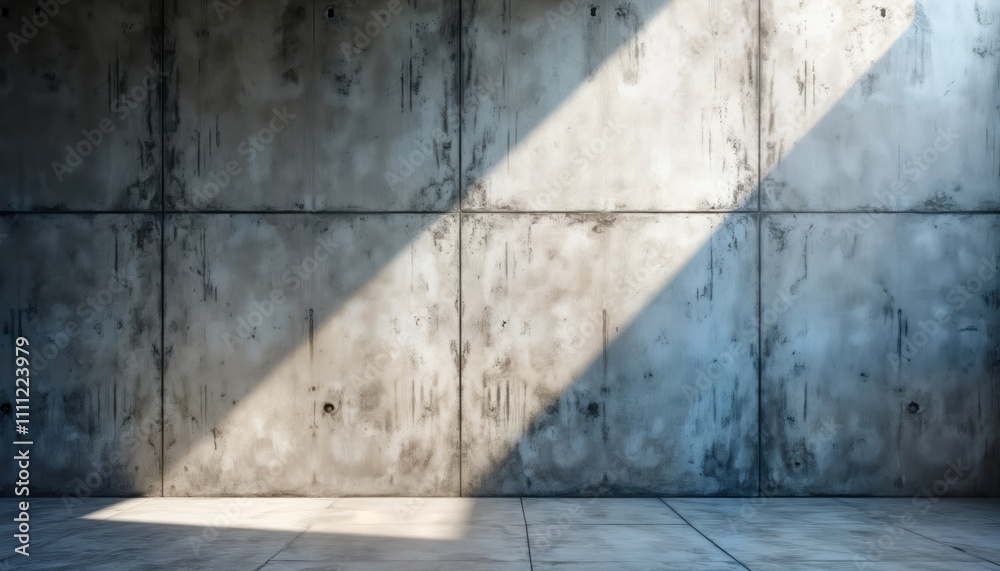 Leinwandbilder Empty gray concrete room. Sunlight casts diagonal shadows on rough textured wall, floor. Modern industrial style interior. Blank space for product display. Abstract pattern created by light, shade on