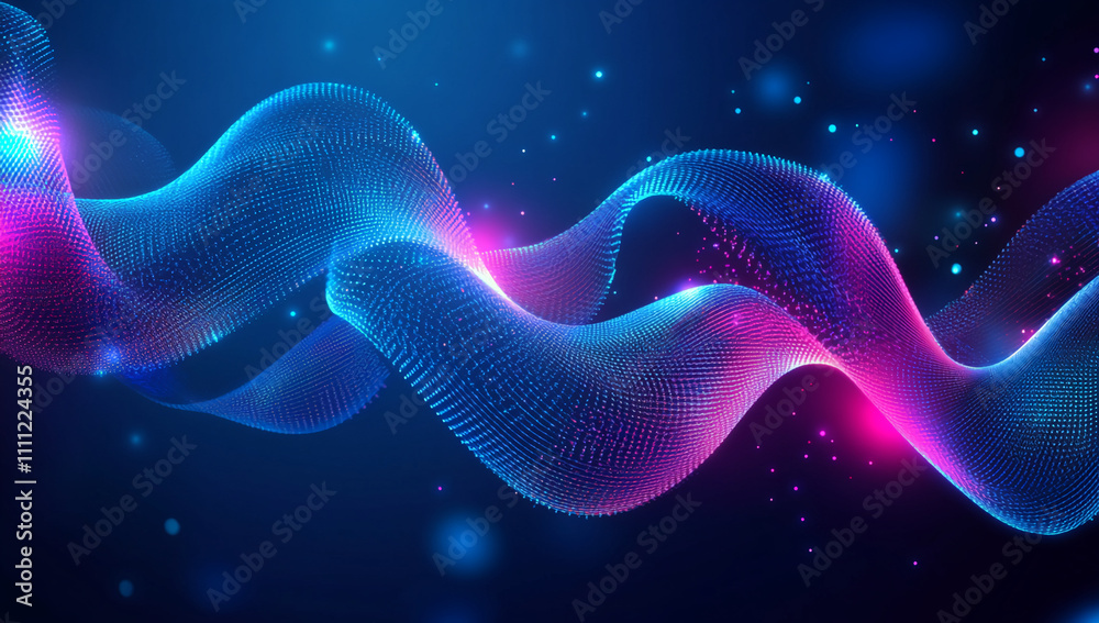 Poster Colorful abstract waves with glowing particles create a mesmerizing digital background
