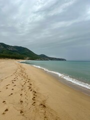 Footprints on Sandy Beach Leading Towards Calm Ocean under Overcast Sky