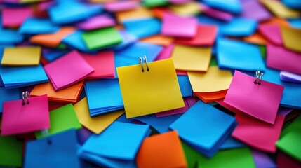 Fototapeta premium Colorful sticky notes pile; blank yellow note prominent.