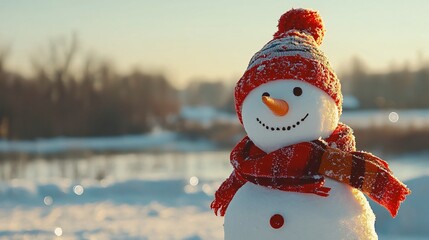 a happy snowman on a winter background with copy space and a bokeh effect.