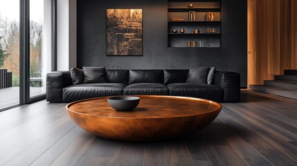 Here's a description and keywords for your stock photo.. Modern living room with black leather sofa, copper coffee table, and dark wood floors.