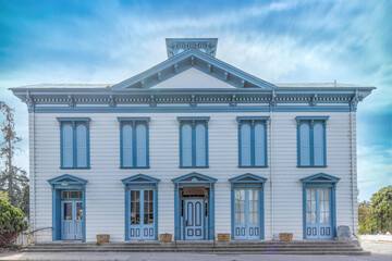 Fototapeta premium Exterior front facade a late 19th century two storey Georgian home, daytime, nobody
