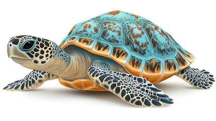 Obraz premium A vibrant sea turtle with a teal and orange shell, isolated on a white background.