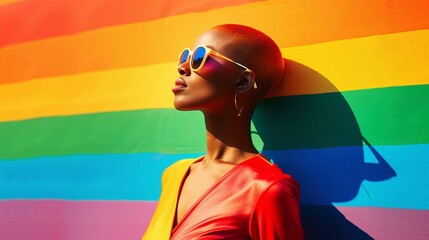 Fashionable african american woman in modern attire against a vibrant rainbow backdrop