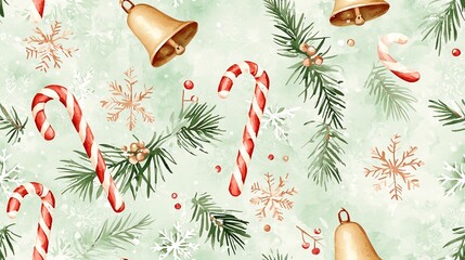 Delicate watercolor Christmas pattern with translucent snowflakes, soft golden bells, and candy canes in pastel green and muted red tones