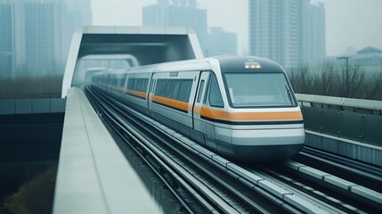 Fototapeta premium A modern train on an elevated track in a foggy urban environment.