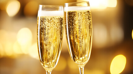 Two sparkling champagne glasses celebrating a joyous moment during a festive occasion with golden bokeh background