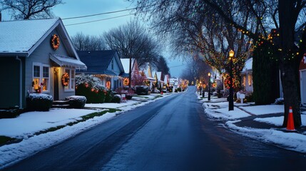 Snow-covered residential street with festive homes adorned with colorful Christmas lights, wreaths, glowing lanterns, and snow gently falling on rooftops and blanketing the road.