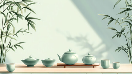 A serene setting of a korean tea ceremony featuring delicate celadon ware. celadon. illustration. Celadon. Illustration