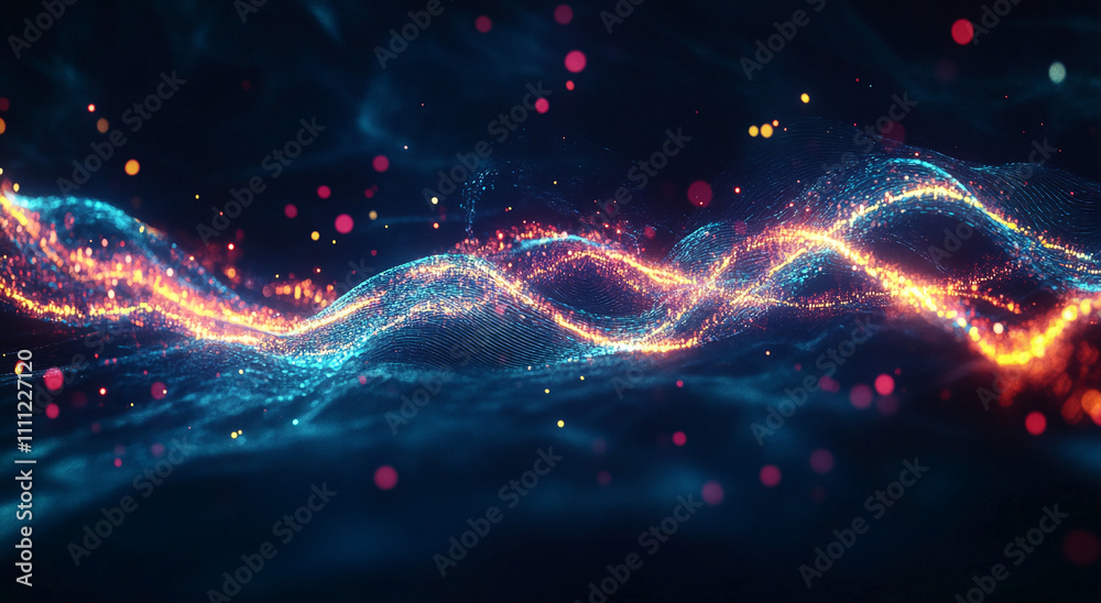 Poster Abstract digital wave patterns and colorful particles create an enchanting display of light and motion in a cosmic space setting