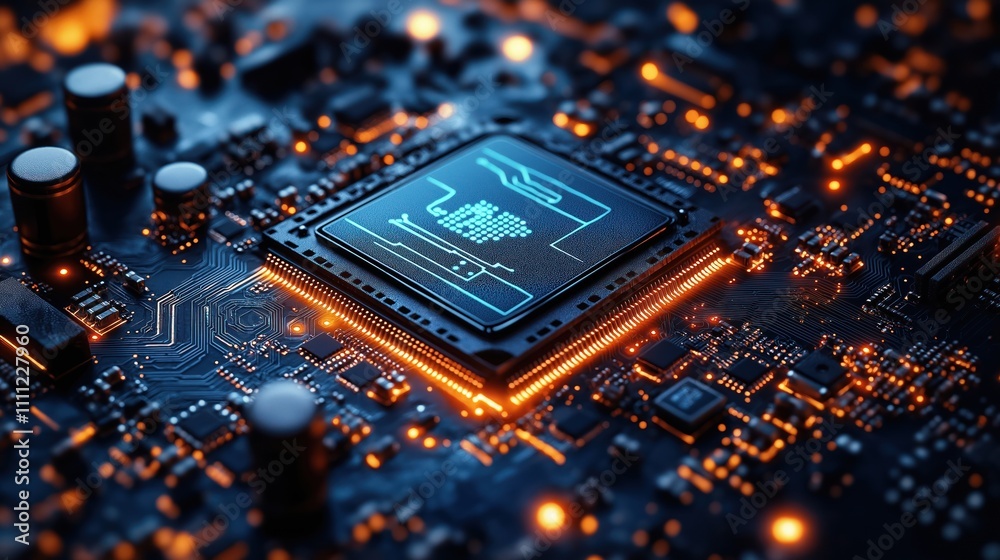 Poster Close-up view of complex computer chip on circuit board. Electronic components illuminate with warm orange glow. Advanced tech design highlighted. Modern tech illustration. Modern tech in action.