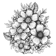 Hand Drawn Black And White Floral Bouquet With Detailed Petals And Leaves