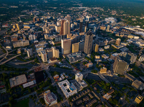 aerial drone view of Atlanta Skyline, Georgia the peach state